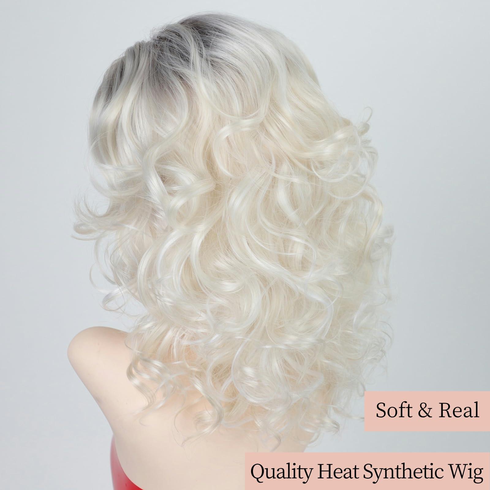 RENERSHOW RENERSHOW Medium Platinum Blonde Curly Wigs for White Women Ombre Blonde Wavy Wig Side Part Synthetic Hair Replacement Wig