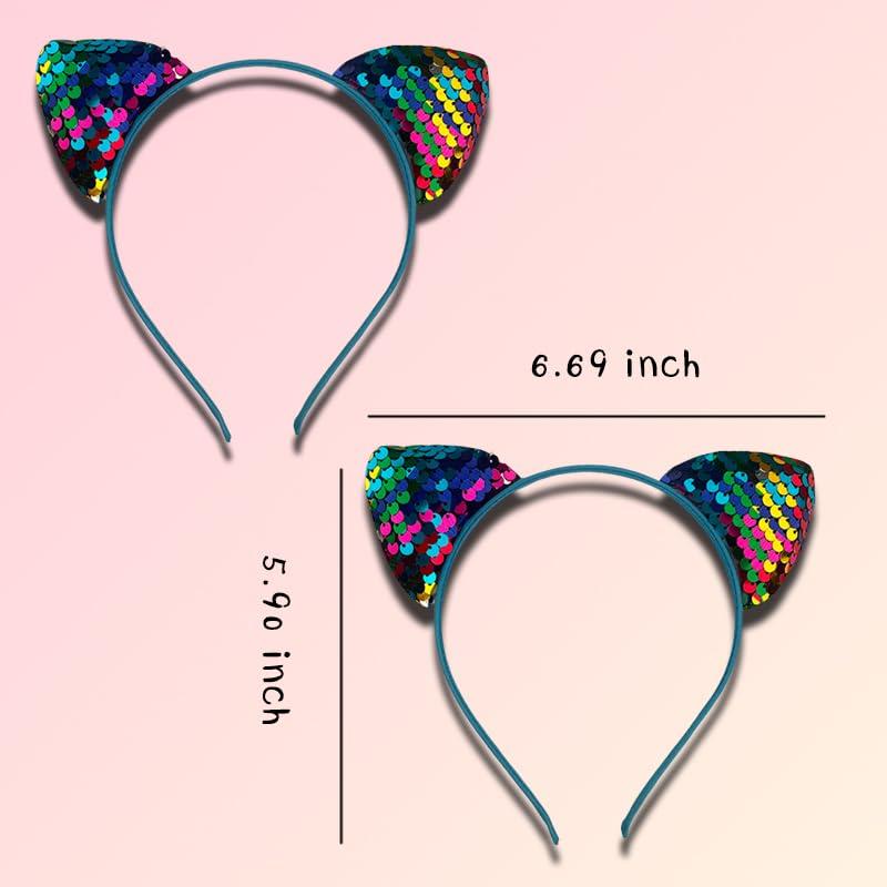 yaozeio yaozeio Halloween Bling Rainbow Hair Band Glitter Sequin Cat Ears Headbands Reversible Sequin Fabric Hair Band No Slip Elastic Head Bands Halloween Hair Accessries for Girls Women 2pcs