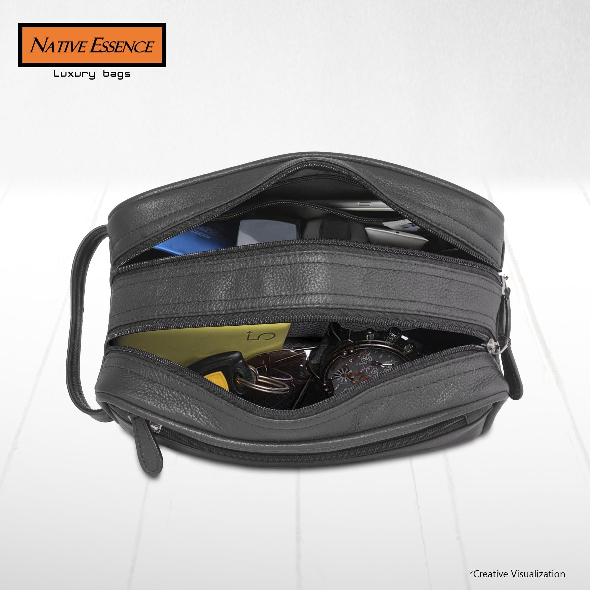 NATIVE ESSENCE Leather Toiletry Bag, Black Genuine Calf Leather Travel Bag, Handmade DOPP Kit for Travel, Cosmetic Pouch, Luxury Shaving Bag, Bathroom Organizer, Stylish Grooming Kit for Men and Women Gift Packed