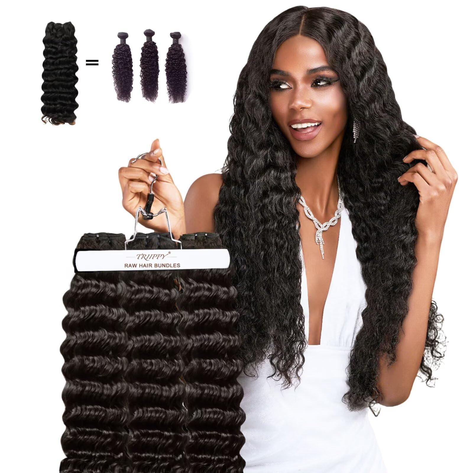 Triippy TRIIPPY Raw Human Hair Bundles,Triple Lifespan Than Regular Virgin Hair No.1 Sales Of Raw Hair Bundles,26 28 30 Inches Cambodia Raw Deep Wave 3 Bundles, Keep Soft and Smooth After Multiple Washes