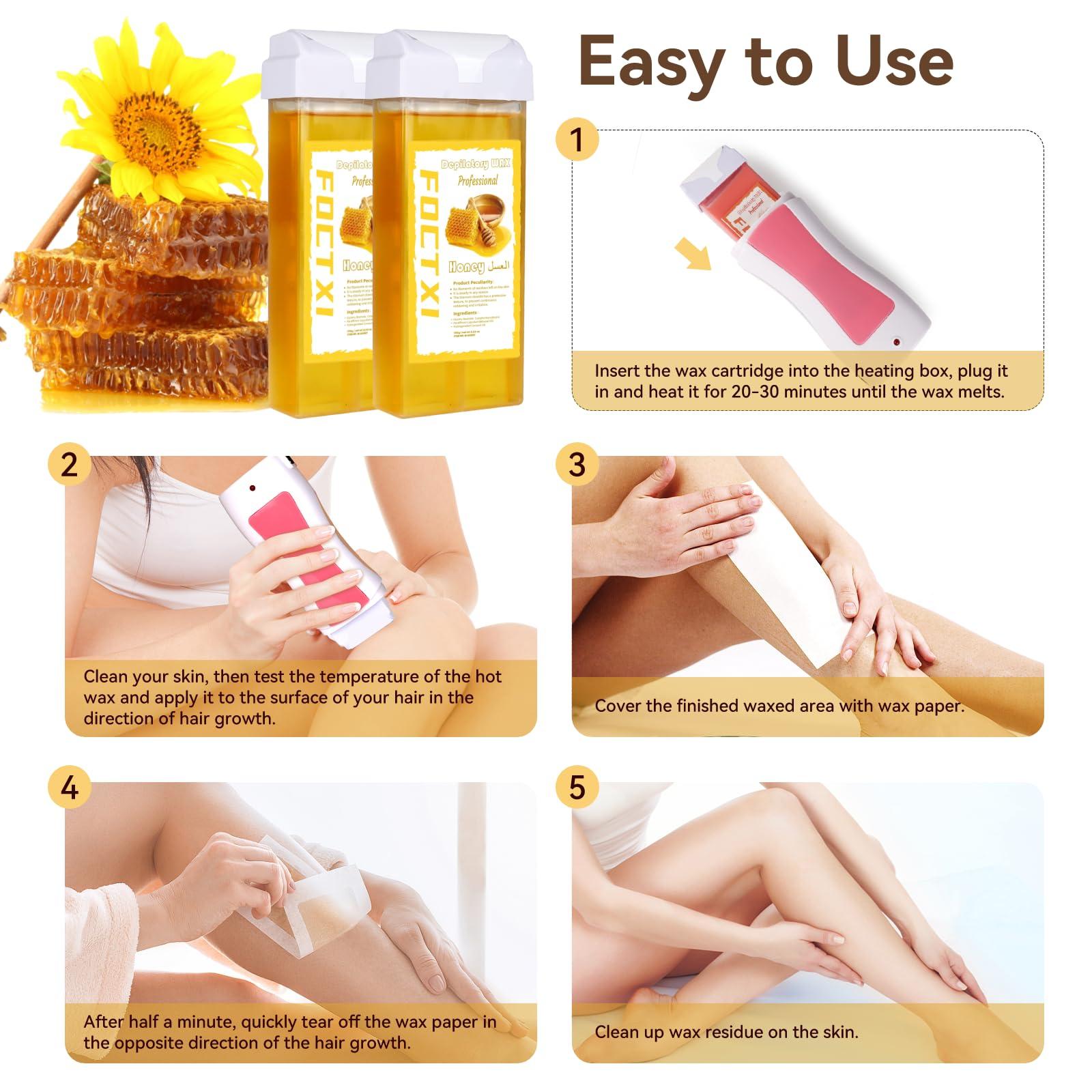 FOCTXI FOCTXI Roll On Waxing Kit for Sensitive Skin - Hair Removal with 2 Honey Soft Wax Cartridges and 100 Non-Woven Wax Strips, 10 Wipes
