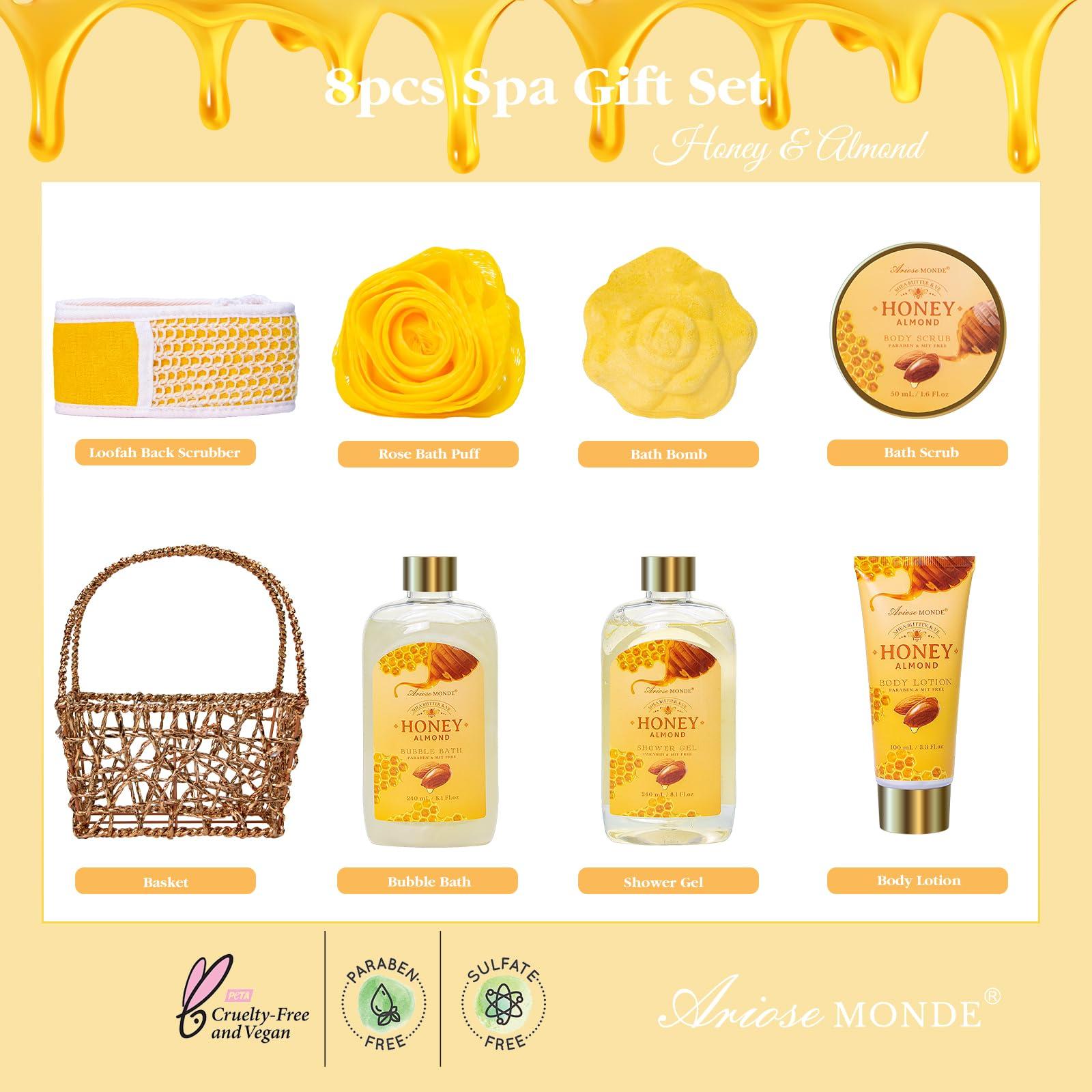 ArioseMonde Gift Baskets for Women, Spa Gifts for Women, 8pcs Honey Almond Bath Gift Set for Women, Relaxation Self Care Spa Kit W/Bath Bomb, Bubble Bath, Mom Birthday Gifts, Christmas Gifts Thank You Gifts