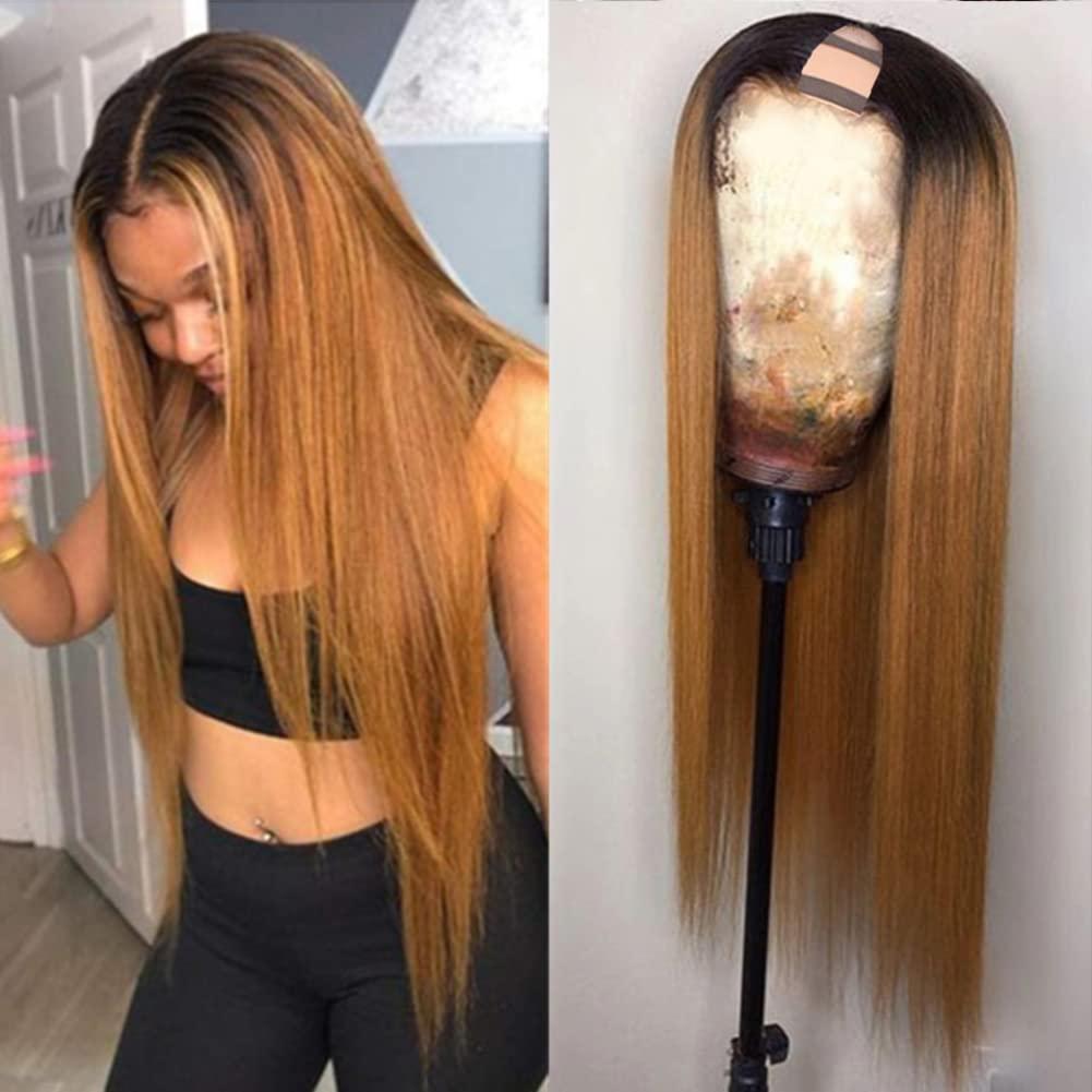Ruma Hair Honey Blonde Brazilian Highlight Ombre Human Hair U Part Wigs for Black Women 150% Density Remy Hair Wigs Middle Open Upart Wigs (24inch, 220% Density)