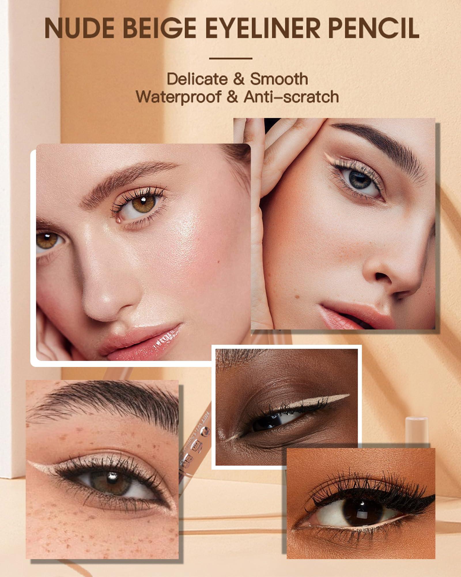 LYSdefeu Nude Beige Water Line Gel Eyeliner Pencil-1Pcs Waterproof Smudge-Proof Cream Eye Liner Waterline Brightener Pen,Smooth Easy-to-Sharpen Pencil with Sharpener,Longlasting Eye Makeup Gift for Older Women
