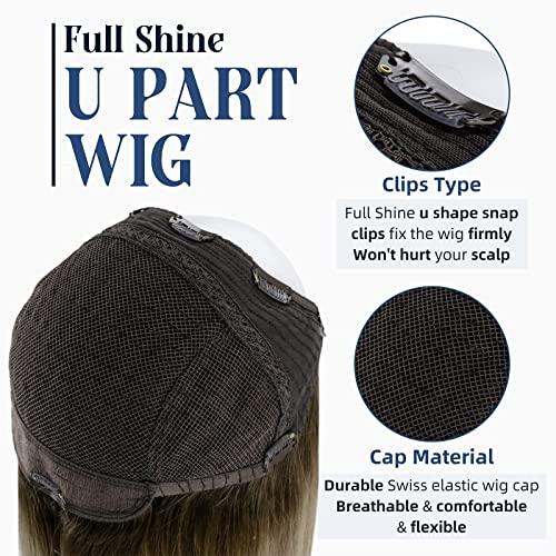 Full Shine Full Shine U Part Human Hair Wigs Half Wig With Clip Ins Middle Part Remy Hair U Part Wigs Ombre Balayage Brown with Blonde Human Hair Wigs 150Grams 20Inch