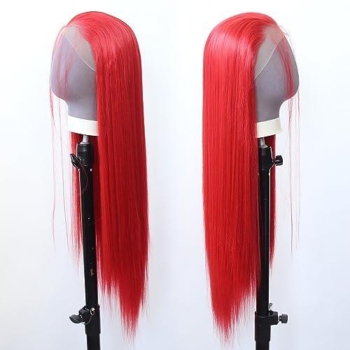 zigzag hair zigzag hair Red Wig Long Straight Bright Red Synthetic Lace Front Wigs Pre Plucked with Natural Hairline for Fashion Women Heat Resistant Hair Red Glueless Synthetic Lace Wig (Bright Red)