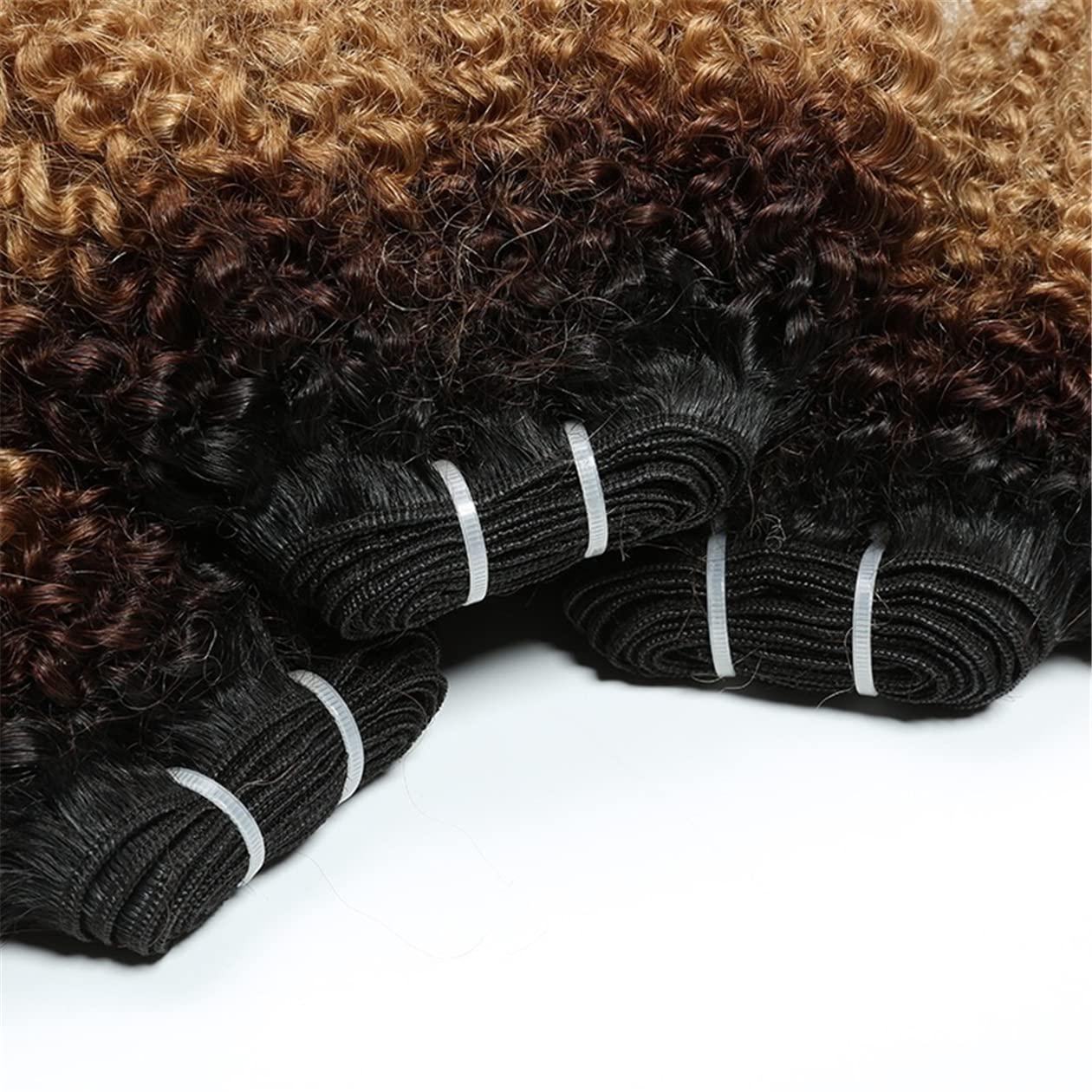 GREEMEO Kinky Curly Human Hair Weave 2 Bundles 12 14 Inch Short Curly Weave Black and Brown and Blonde Ombre 3 Tone Colored Hair Extensions Double Machine Wefted Weaving