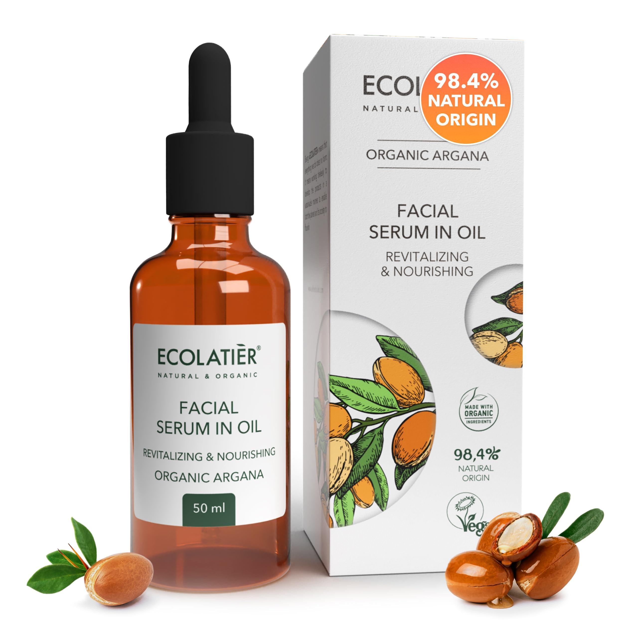 ECOLATIR Face Serum with Organic Argan Oil 98.4% Natural, Hydrating Anti-Aging Facial Serum, Revitalizing & Nourishing, Improves Skin Elasticity, 1.7 Fl Oz - ECOLATIER