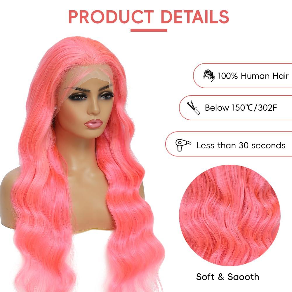 Boumon Pink Lace Front Wigs Human Hair Pre Plucked 200% Density Body Wave Pink Wig Human Hair 13x4 HD Lace Frontal Wig Pink Colored Human Hair Wig Glueless Wigs Human Hair 30 Inch