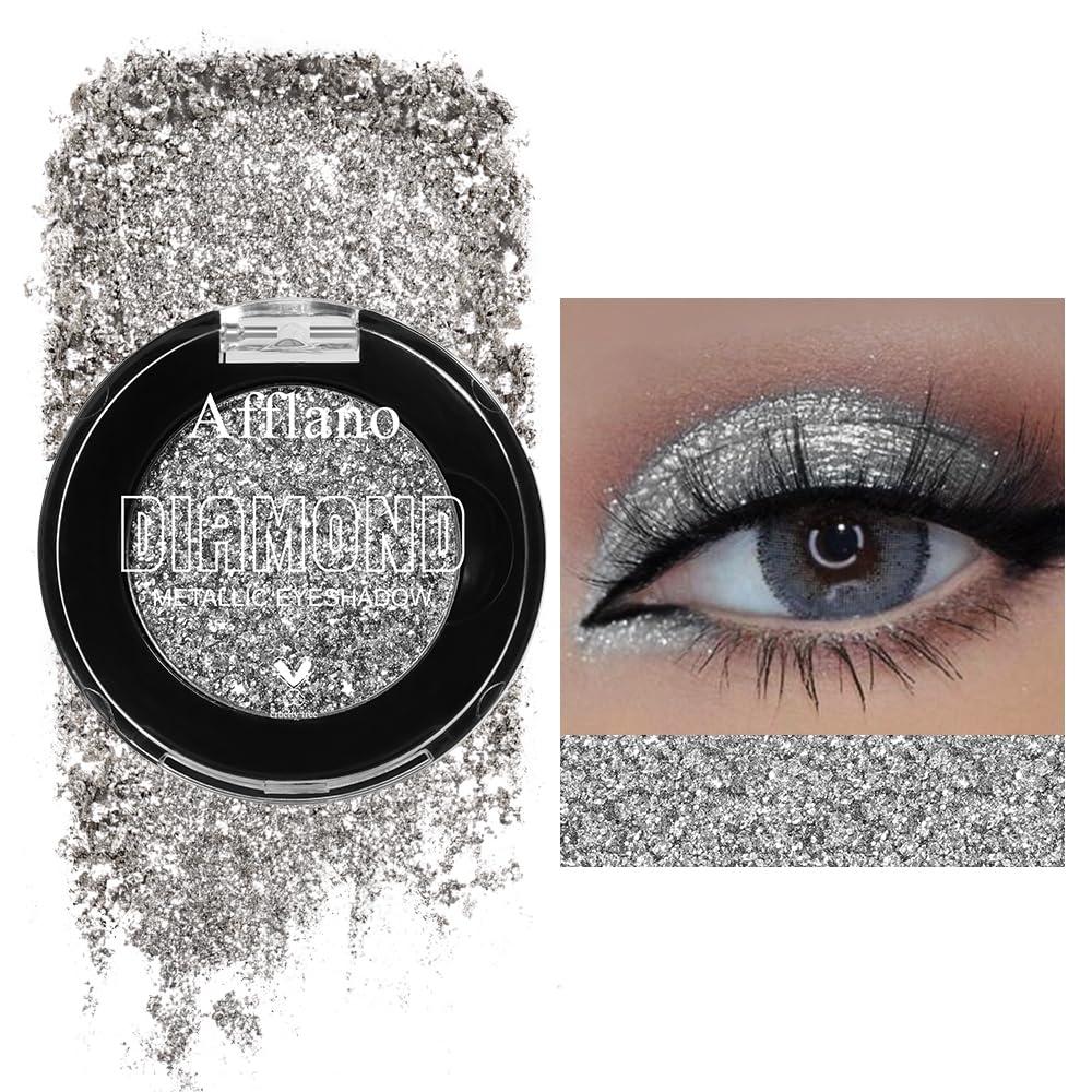 Afflano Afflano Silver Glitter Eyeshadow Super Pigmented, Intense Color Gray Silver Eyeshadow Palette Single, Long Lasting Sparkle Shimmer Metallic Glitter Eyes Look, Blendable Neutral Grey Eye Shadow Makeup