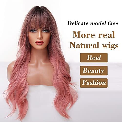 EMMOR EMMOR Long Ombre Pink Wig for Women - Natural Curly Hair Synthetic Wigs With Bang Dark Root, Party Cosplay Daily Use (2pcs Free Wig Cap)