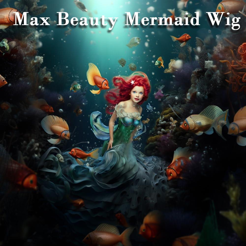 LABEAUT LABEAUT Max Beauty Red Mermaid Wigs Long Curly Daily Wig Hair Heat Resistant Synthetic Fiber for Halloween for Cosplay for Christmas (Red Kids + Hairpin)