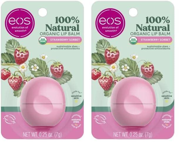 eos eos 100% Natural & Organic Lip Balm- Strawberry Sorbet, All-Day Moisture, Dermatologist Recommended for Sensitive Skin, Lip Care Products, 0.25 oz (Pack of 2)