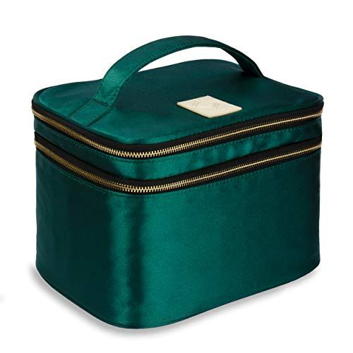 Eudora Eudora Double Layer Travel Makeup Bag, Green Nylon Satin Makeup Bag Organizer with Portable Mirror and Brushes holders, Large Cosmetics bag for Women (Green)