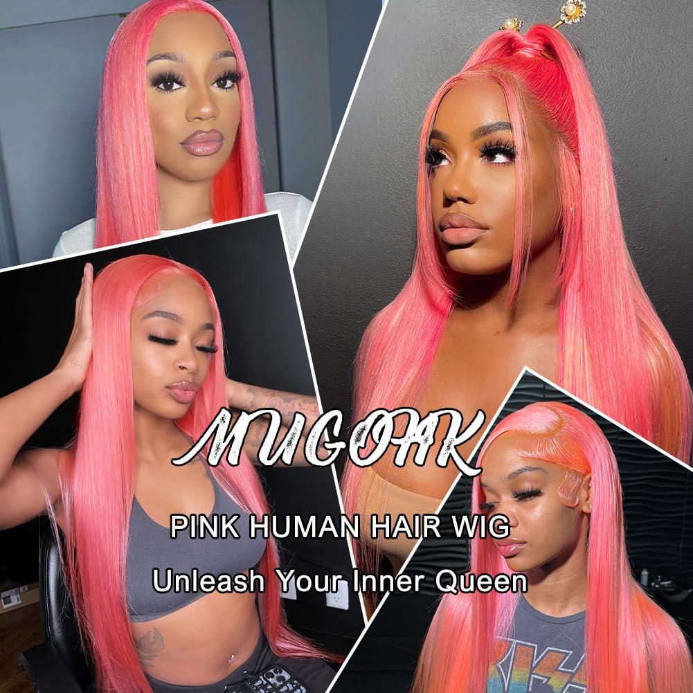MUGOHK MUGOHK Pink Lace Front Wig - Human Hair, 24 Inch, Straight, HD Lace Frontal, Pre-Plucked with Baby Hair, 150 Density