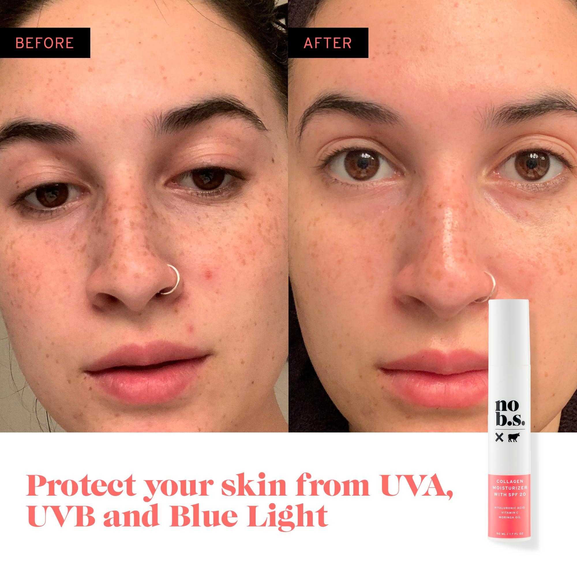 NO B. S. NO BAD STUFF No B S Face Moisturizer With SPF 20. Daily Face Moisturizers For Women. Anti-Aging Face Sunscreen Cream. Collagen Cream. Moringa Oil. Vitamin E. Clean Ingredients. Potent Formulas.