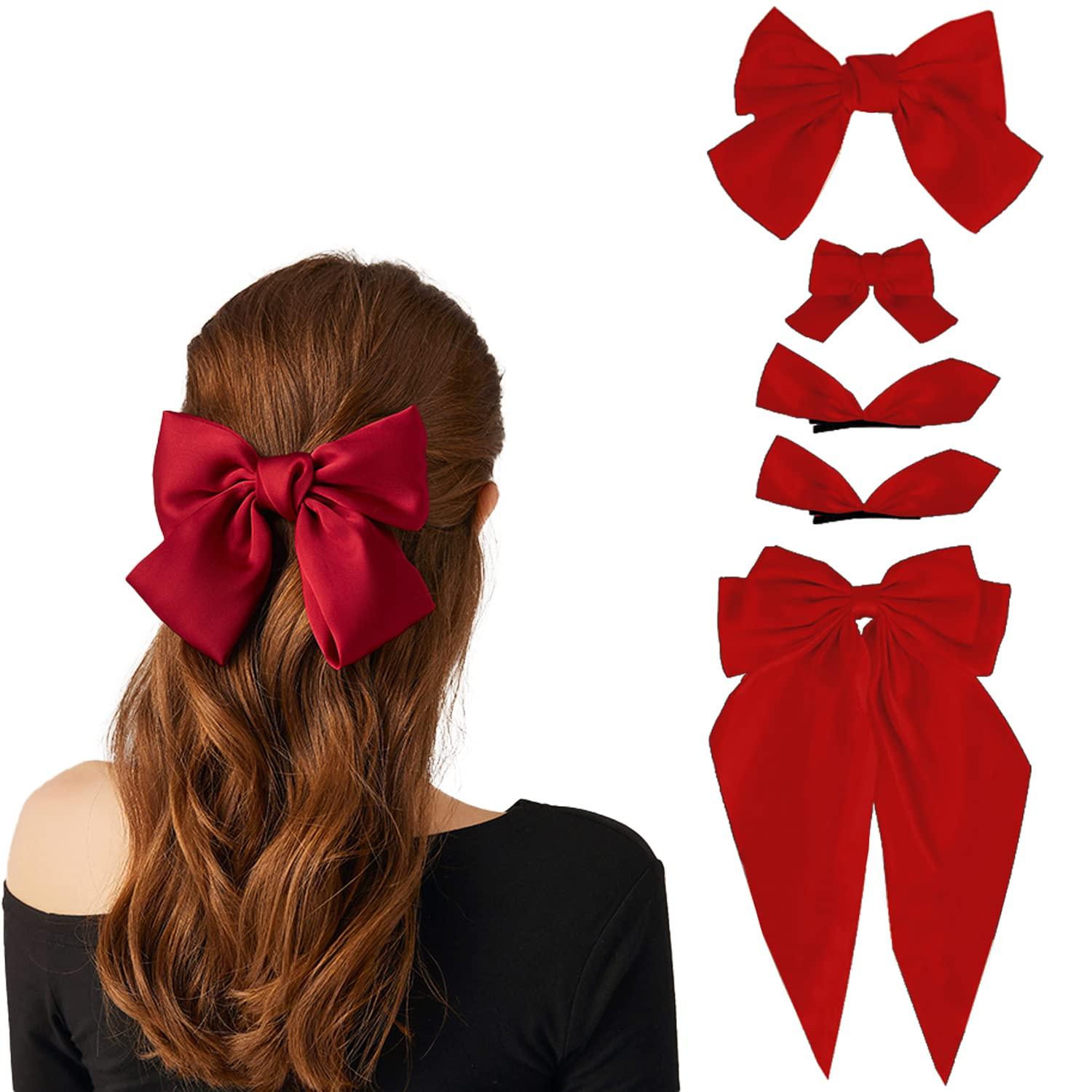 DIKEWEN Red Hair Bow - 5PCS Hair Bows for Women Big Red Bow for Hair Oversized Ribbon Bowknot Hairclip Soft Silky Satin Hair Bow Long Tail Hair Bows Clips French Barrette Hair Accessories Gift for Women Girls