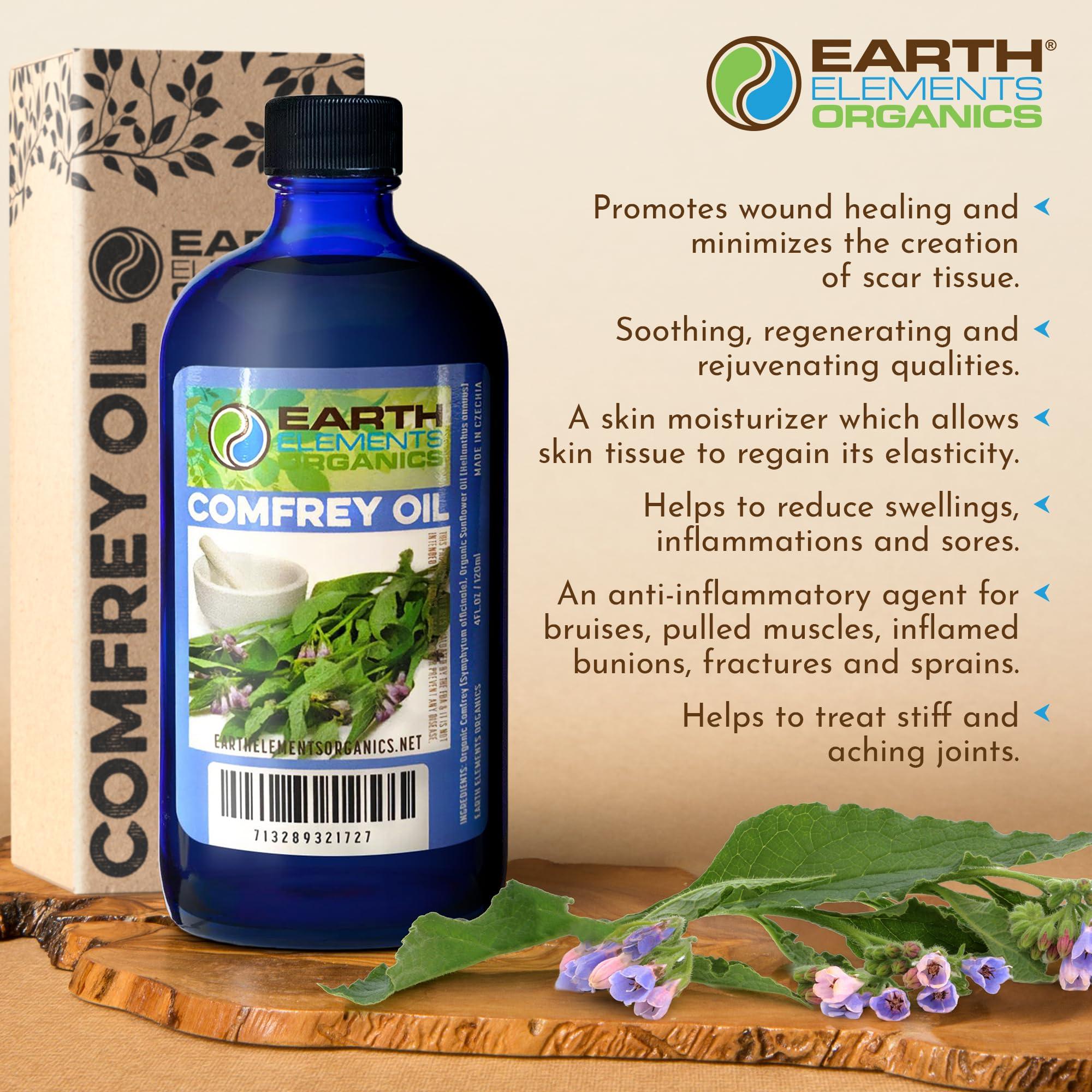 Earth Elements Organics Organic Comfrey Oil Raw, Infused, Pressed Herbal Oil. Comfrey Leaf, Sunflower Seed Oil 4 fl.oz.