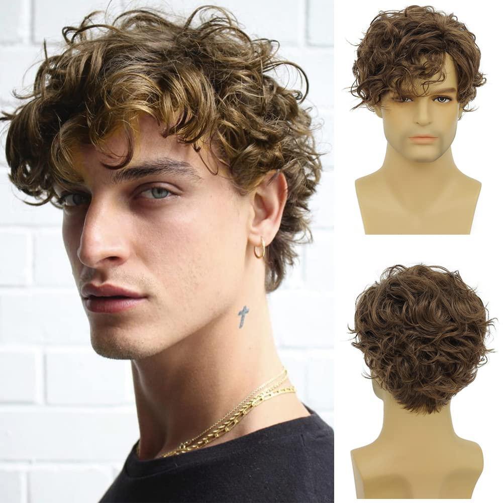 Tseses Tseses Short Brown Wigs for Men Curly Layered Natural Looking Side Part Hair Heat Resistant Synthetic Wigs with Wig Cap (Brown)