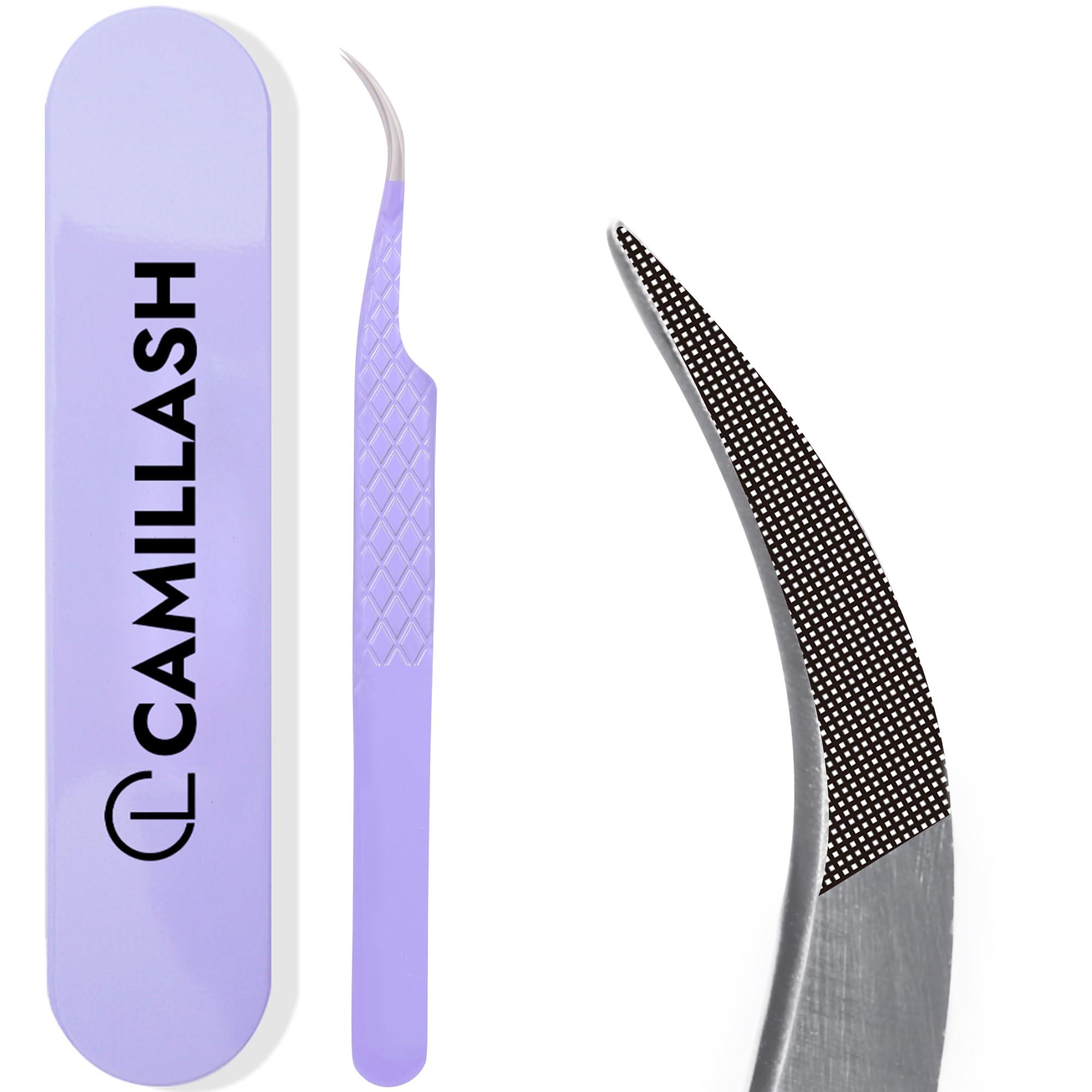 CL CAMILLASH Fiber Tip Lash Tweezers For Eyelash Extension Tweezers Professional Artist Tech Work Kit Tools,Best Volume Eyelash Lashes Extensions Purple Tweezers Precision Supplies(Curved)