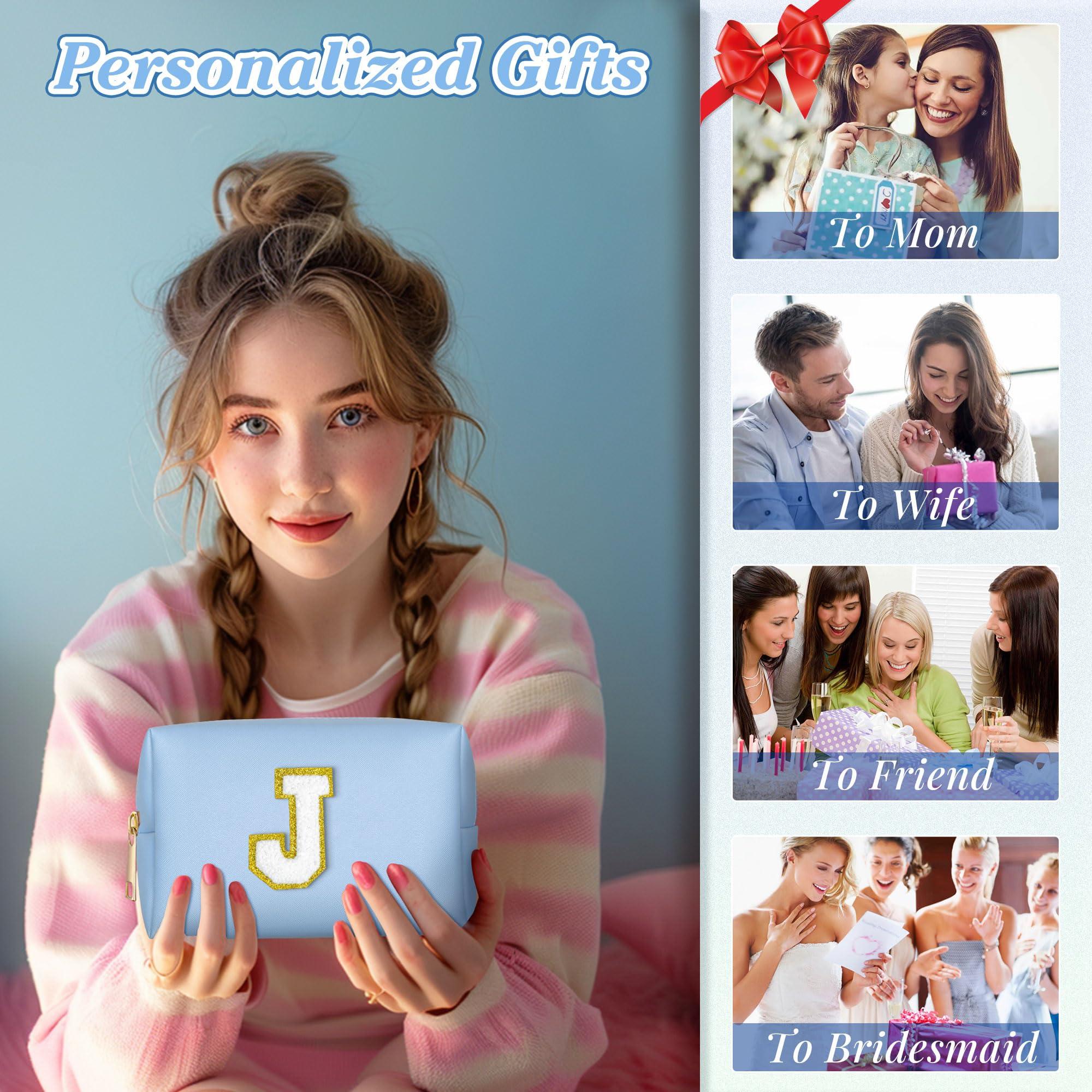 TOPEAST TOPEAST Personalized Gifts Make Up Bag, 2 PCS Monogram Cute Initial Makeup Bag PU Leather Chenille Letters Waterproof Travel Toiletry Bag Personalized Birthday Gifts For Women, Blue A