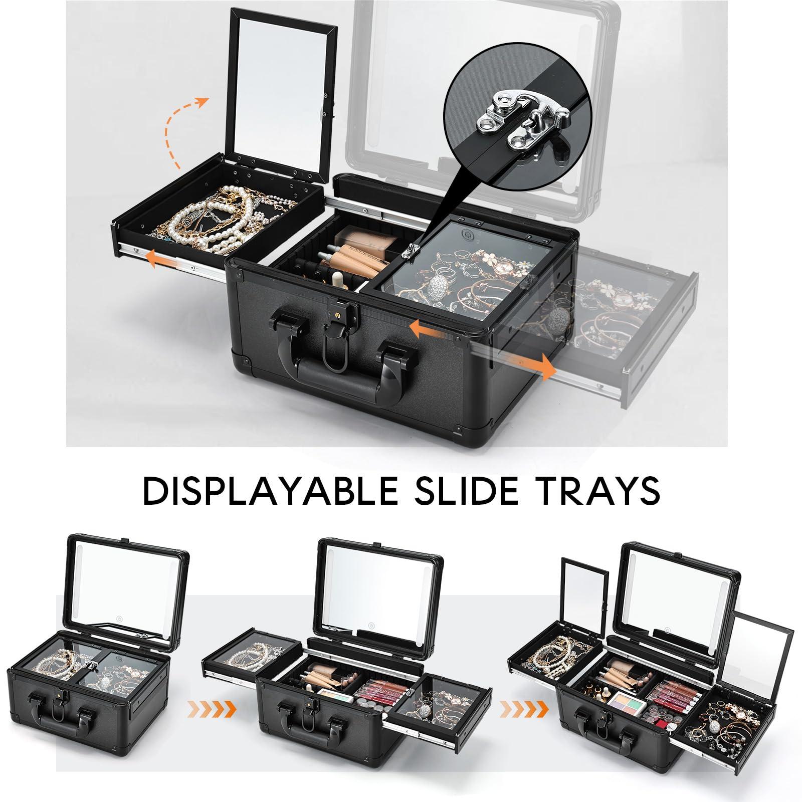 Faquenc Faquenc Travel Makeup Case With LED Mirror, Makeup Train Case with Light up Mirror, Artist Portable Makeup Organizer Bag with Adjustable Dividers, Fold-out Trays for Jewelry Storage, Black