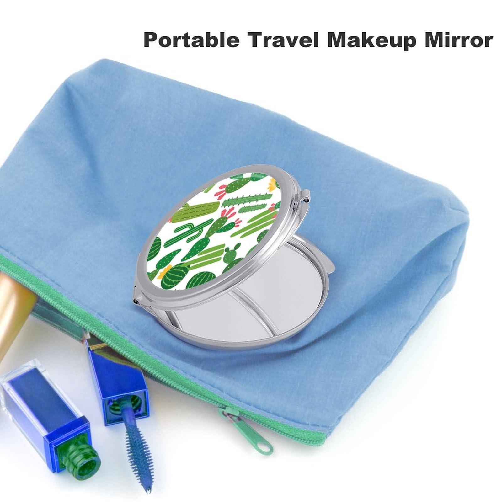 Donnapink Seamless Green Cactus Cacti with Yellow and Pink Flowers on White Folding Make Up Mirror, Portable Travel Makeup Mirror, Compact 2X/1X Magnification Mirror for Mom Women Ladies 2.4 x 2.4 inch