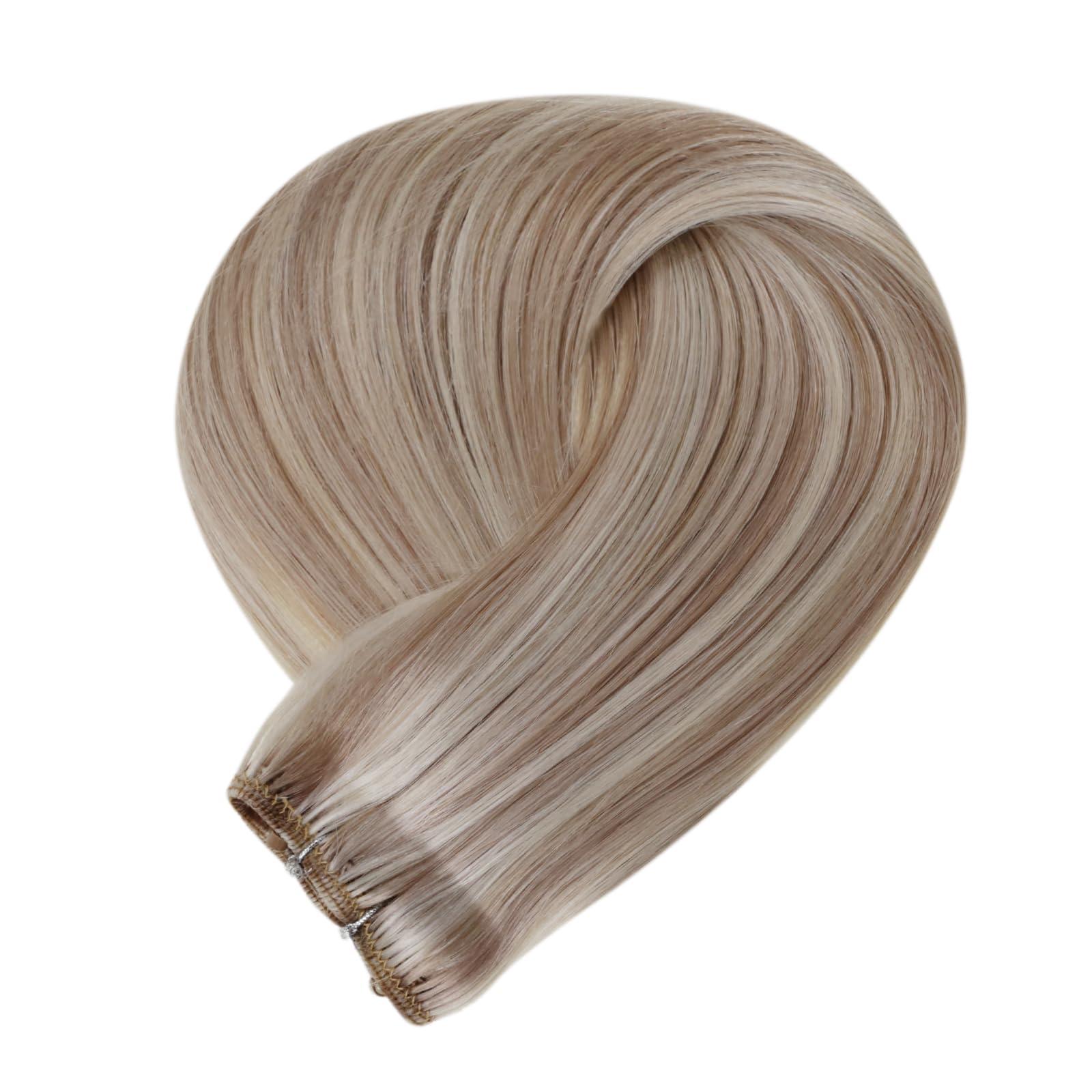 LAAVOO LaaVoo Beaded Weft Hair Extensions Ash Blonde Bead Hair Extensions Real Human Hair Weft Hair Extensions Bleach Blonde with Ash Blonde with Micro Beaded 22inch 50g