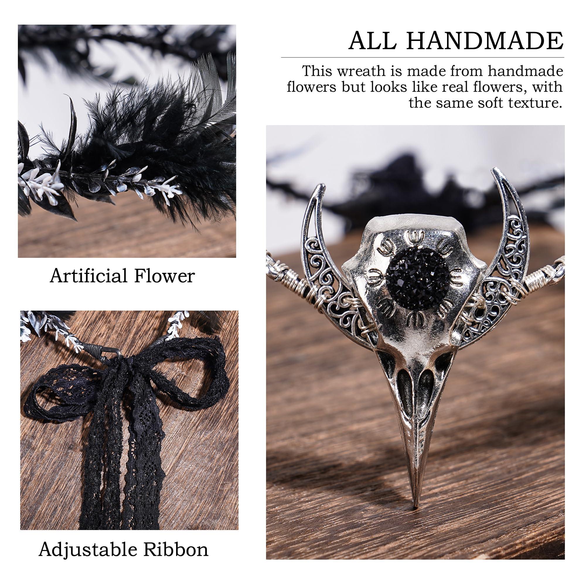 MOSTORY MOSTORY Handmade Black Raven Feather Crown - Gothic Elf Circlet with Raven Skull Dark Moon Tiara for Women Girls Halloween Cosplay Renaissance Wedding Witch Sorcerer Photo Shoot