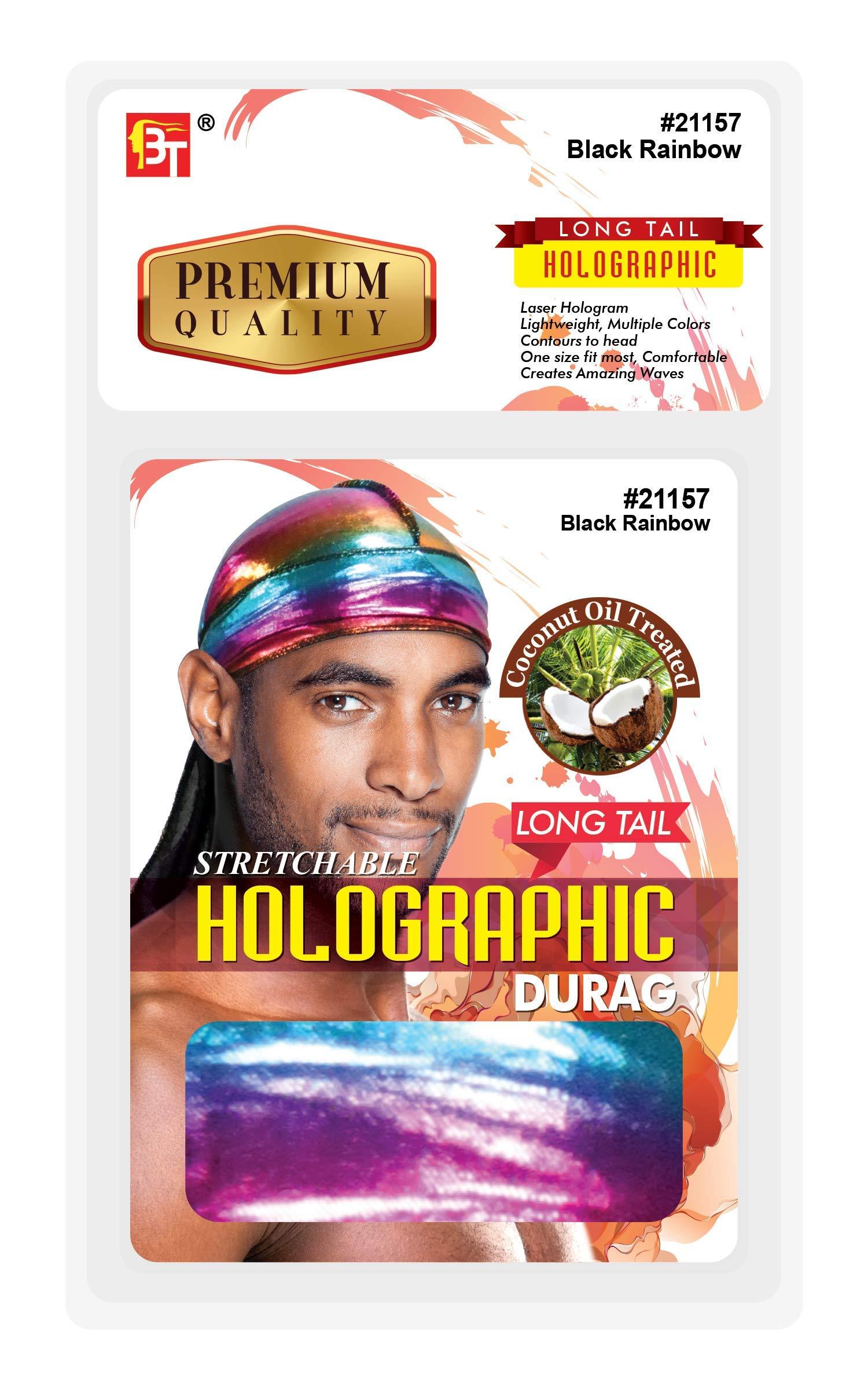 Beauty Town Beauty Town Stretchable Holographic Durag 360/540/720 Wave - Long Tail (Black Rainbow)