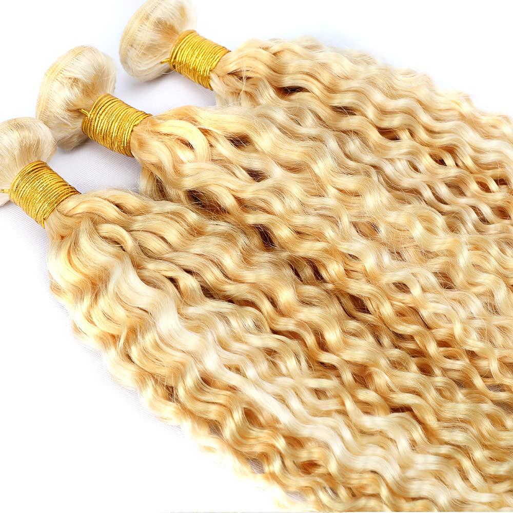 LadrXadr Blonde Human Hair Bundles 613 Kinky Curly Bundles P27/613 Human Hair Bundles 10 inch Blonde Wet and Wavy Bundle Two Tone Honey Blonde Mixed With Blonde Bundle Human Hair Weave