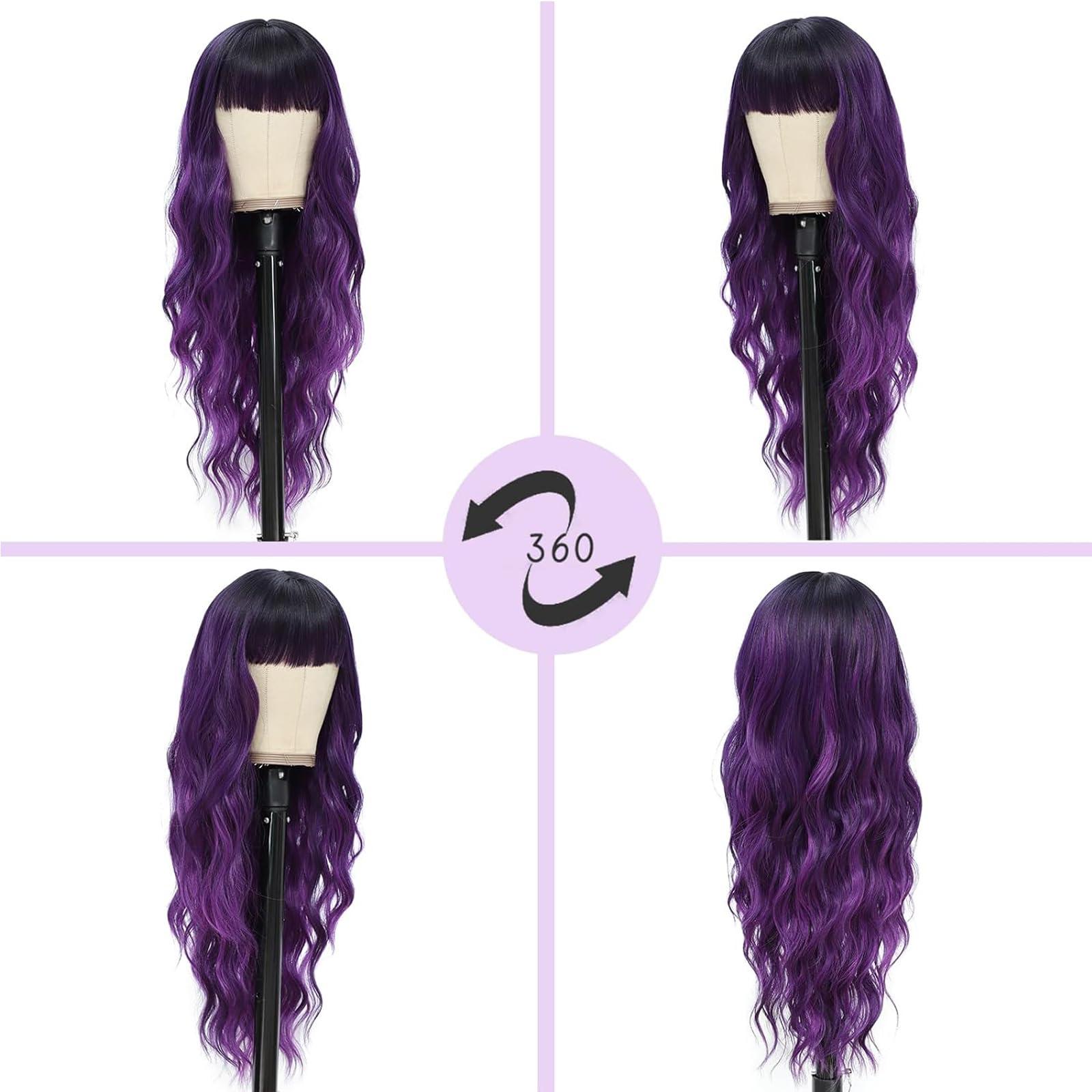 Petelf Long Purple Wigs for Women Ombre Dark Purple Wig with Bangs Dark Roots Wet and Wavy Wig Heat Resistant Glueless Synthetic Hair Replacement Cosplay Wig (Purple)