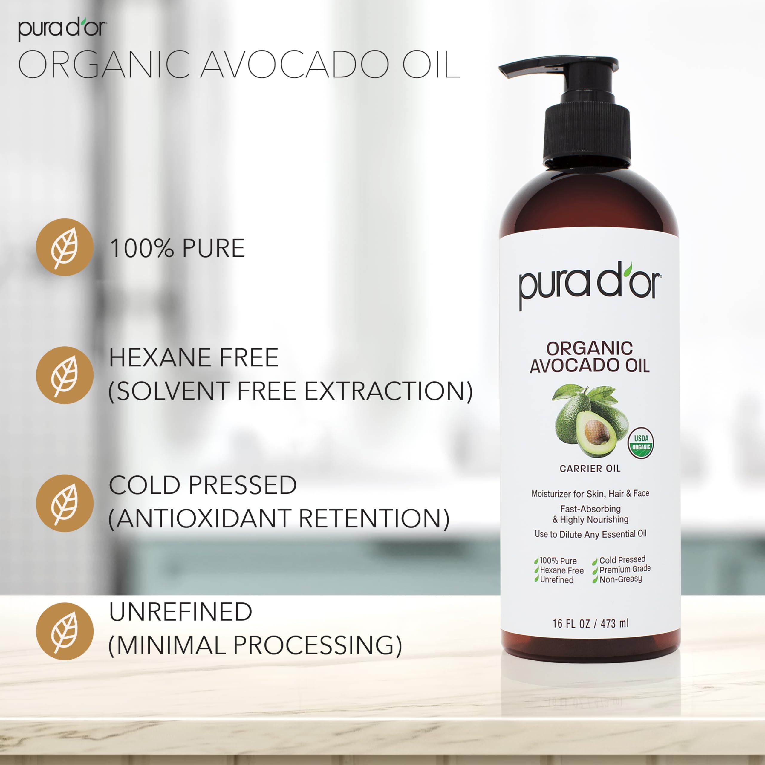 PURA D\'OR PURA D\'OR 16 Oz ORGANIC Avocado Oil - 100% Pure & Natural USDA Certified Cold Pressed Carrier Oil For DIY Beauty, Non-Greasy, Unscented, Hexane Free Liquid Moisturizer - Face Skin & Hair - Men & Women