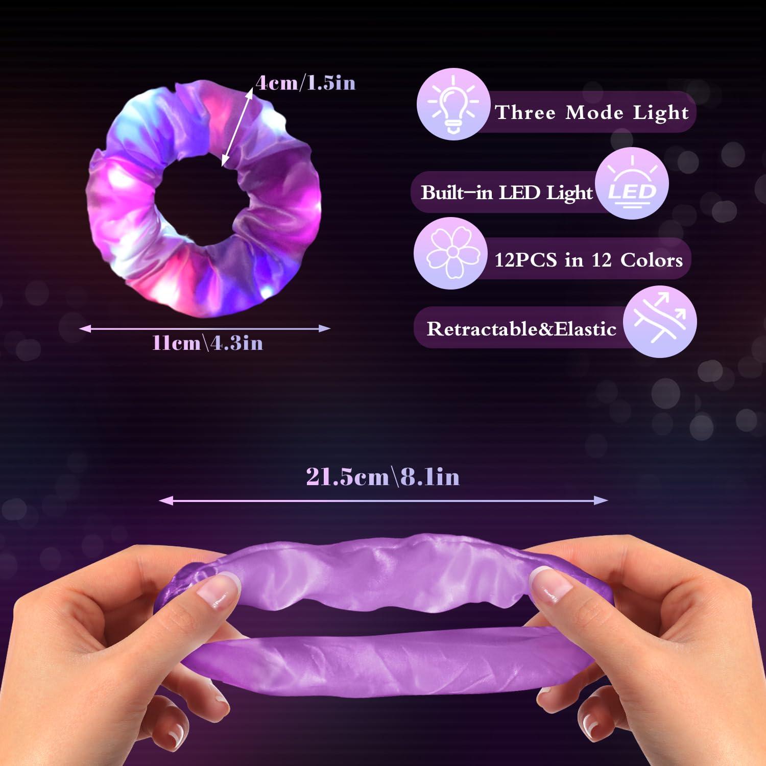 URSMART 12PCS LED Hair Scrunchies,URSMART Light up Scrunchies Led Light Hair Bands with Gift Bage Glow in the Dark Hair Scrunchies Multi Light Modes for Woman,Glow Party Christmas Hair Accessories