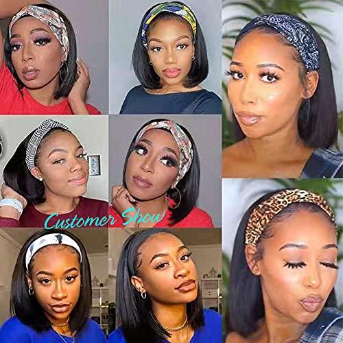 Ubetta Human Hair Headband Bob Wig Natural Black Short Bob Headband Wig for Black Women, Straight Human Hair Bob Wig with Headband Attached Headband Wig 180% Density 10 Inch Glueless None Lace Front Bob Wig