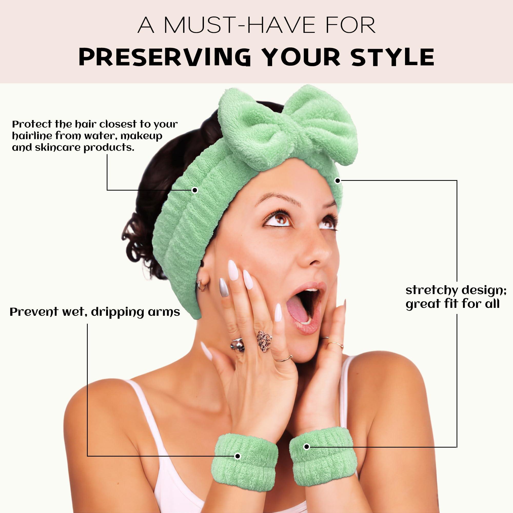 Ayesha Ayesha Green Spa Headband and Wristband Set for Skincare Makeup Headband Wrist Cuffs for Washing Face Bubble Skincare Hairband for Women Girls