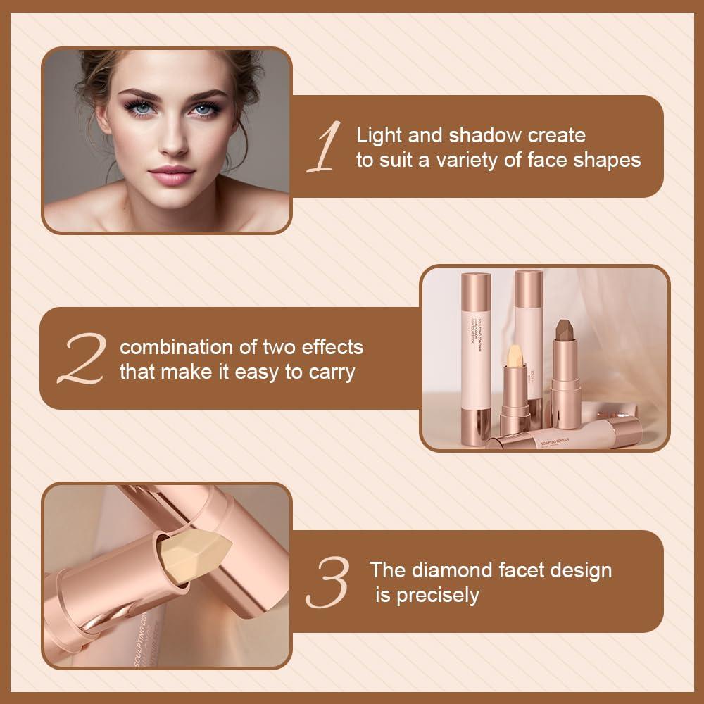 ehnoge No Limits Cream Bronzer Stick, 2024 Upgrade 2 In 1 Double Ends Matte Contour Stick, Natural Matte Cream Bronzer and Contour Stick Lasting Creamy Sculpting Double Headed Makeup Contour Stick (01+02)
