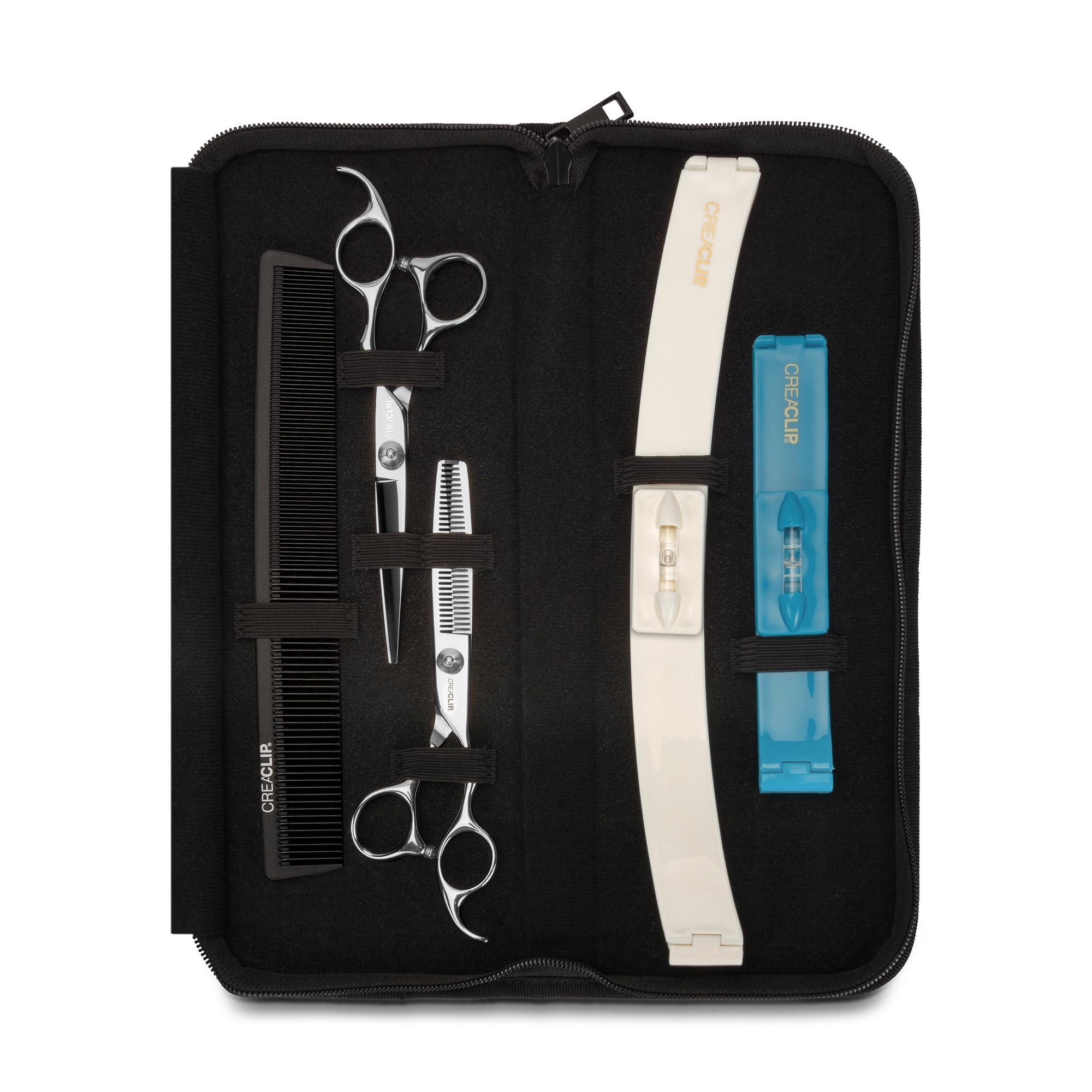 CreaProducts Original CreaClip Case and Hair Scissors, Hair Cutting Tool Hair Cutting Shears Thinning Scissors Hair Comb for Layers Bangs Kids Hair Cut Hair Cutting Kit (Set of 5)