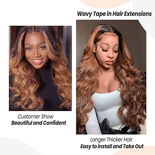 Licoville 24 Inch Ombre Tape in Hair Extensions Human Hair Body Wave Ombre Brown Tape in Extensions 50grams 20pcs Double Sided Medium Brown to Medium Auburn Wavy Real Human Hair Extensions Tape ins
