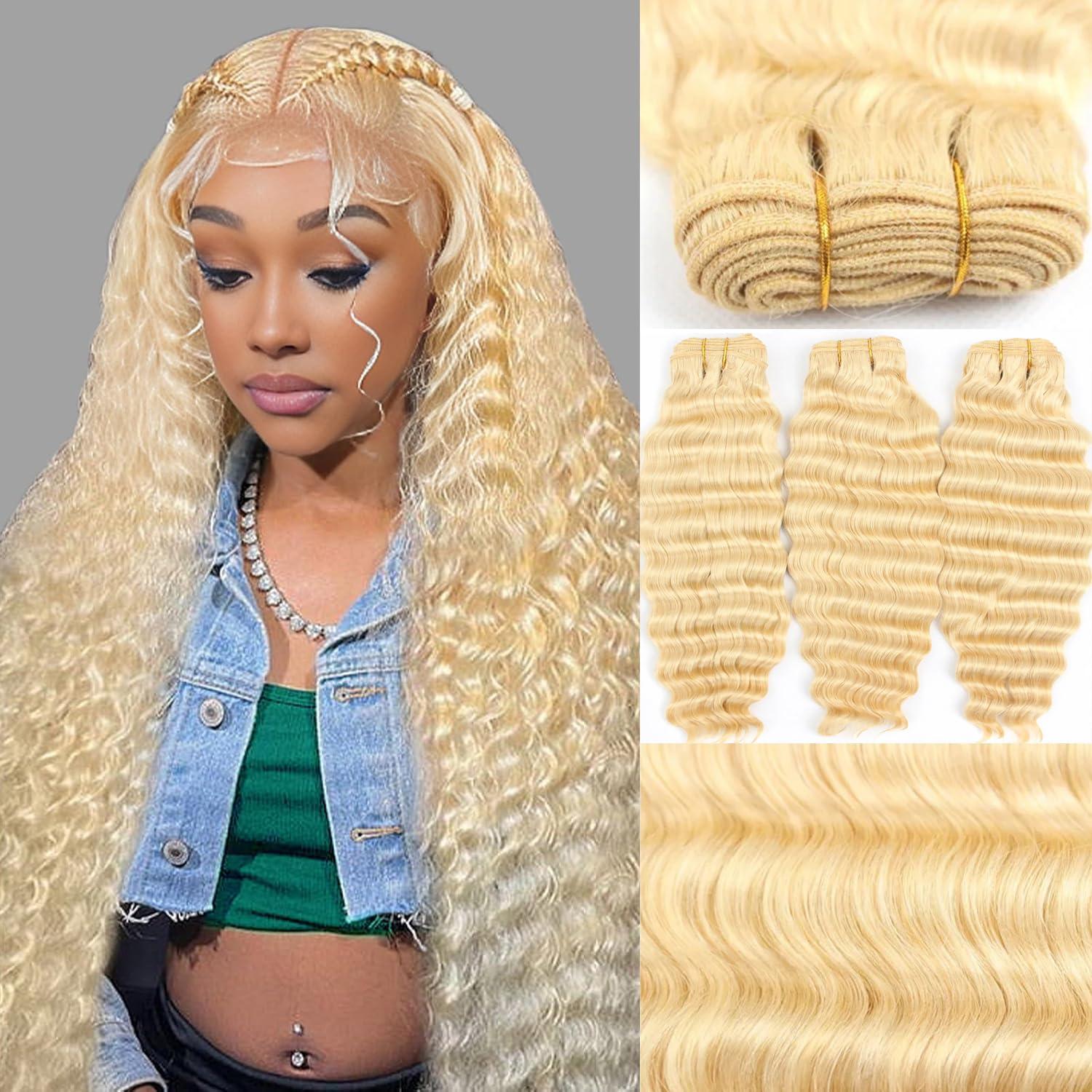 HOTLOVE HOTLOVE 613 Blonde Human Hair 3 Bundles with Frontal Brazilian Body Wave with Baby Hair Frontal 100% Ear to Ear Virgin Human Hair Weave with 13x4 Lace Frontal 32 34 36+20 Inch