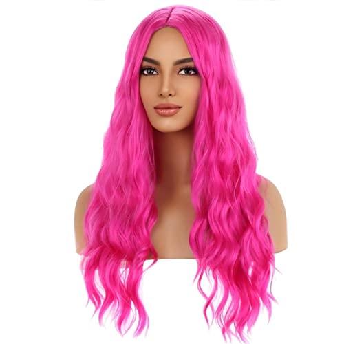 MAGQOO MAGQOO Hot Pink Wig Magenta Wig Long Curly Wavy Pink Wigs for Women Girls Middle Part Heat Resistant Hight Density Synthetic Wigs (Hot Pink)