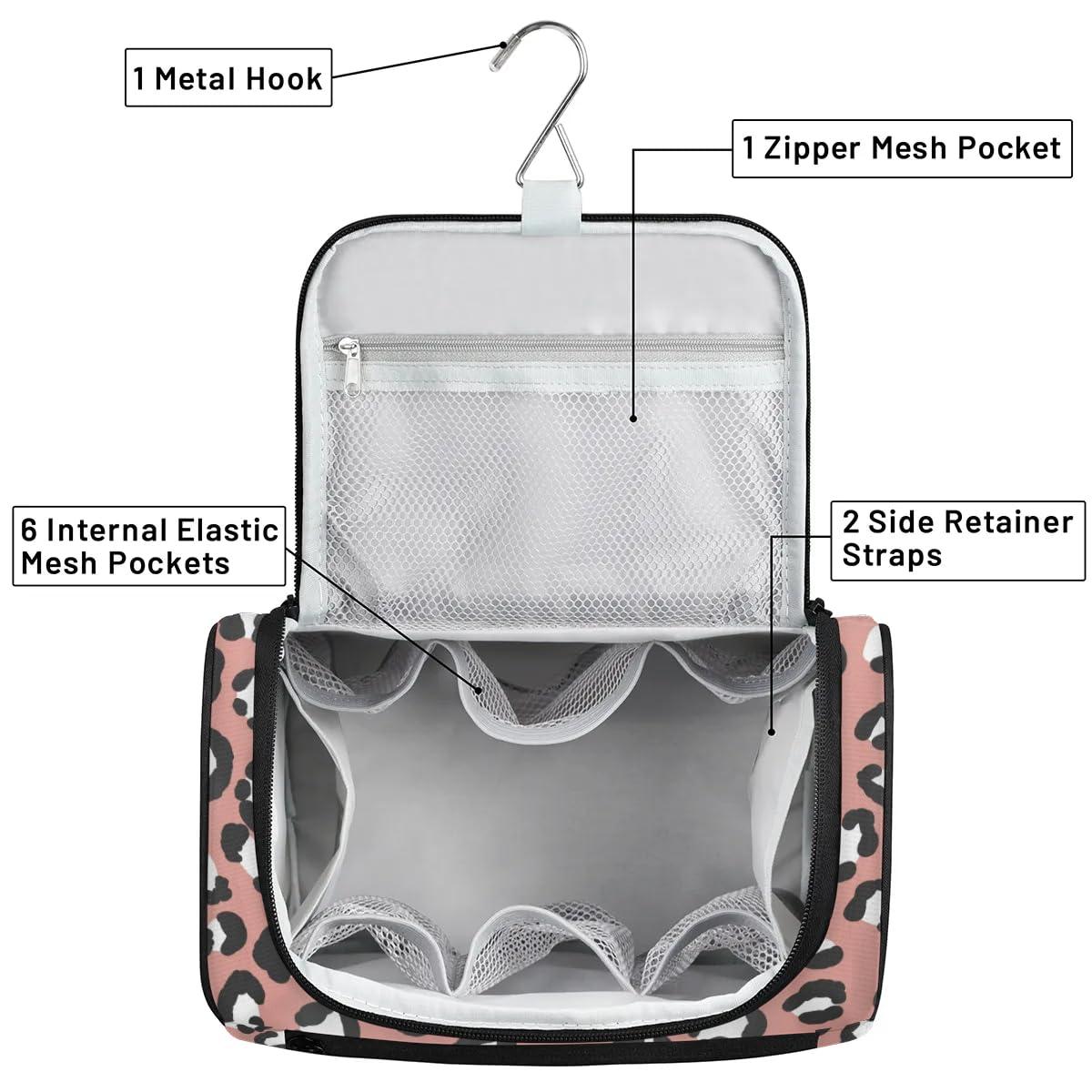 OMFUNS OMFUNS Dark Pink Leopard Print Hanging Toiletry Bag Wash Makeup Bag for Women Men Travel Cosmetics Bag Shaving Bag Organizer Kit for Accessories, Cosmetics, Travel Essentials