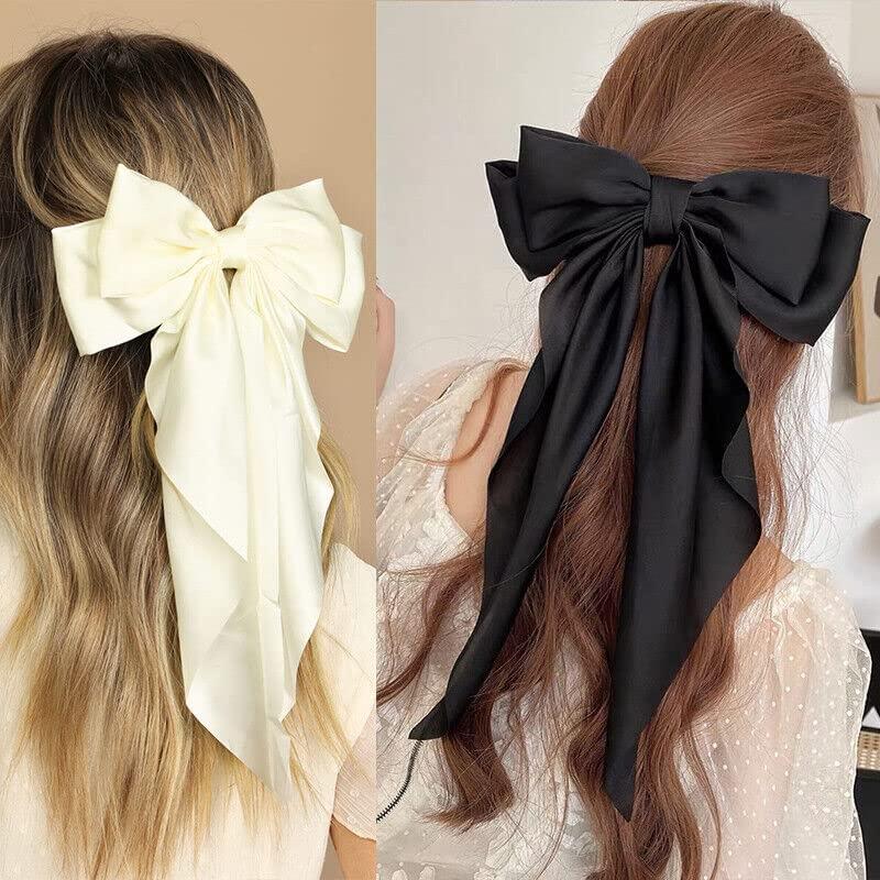 M.T. BROTHERS M T BROTHERS - Big Satin Layered Hair Bows for Women Girls 11 Inch Barrette Hair Clip Long Black Ribbon Bows French Style Hair Accessories (WHITE)