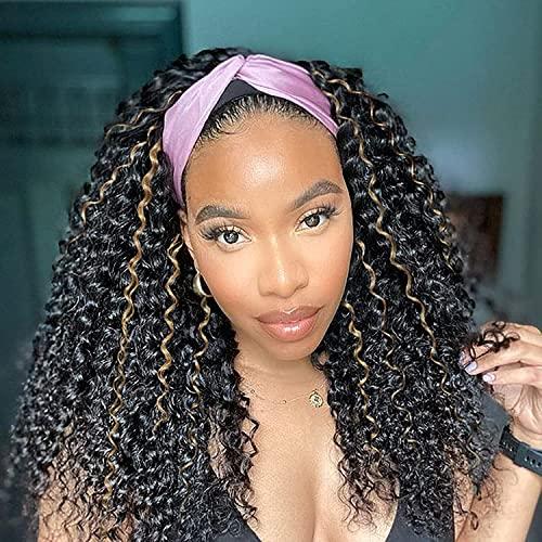 Curly Headband Wigs Human Hair Half Wigs for Black Women 1B 27