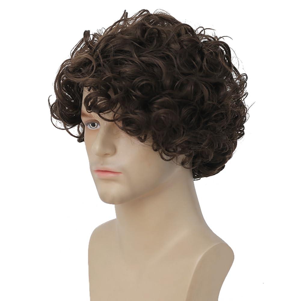 Tseses Tseses Curly Brown Short Wigs for Men Layered Fluffy Synthetic Fiber Wigs for Daily Party Mens Costume Wig