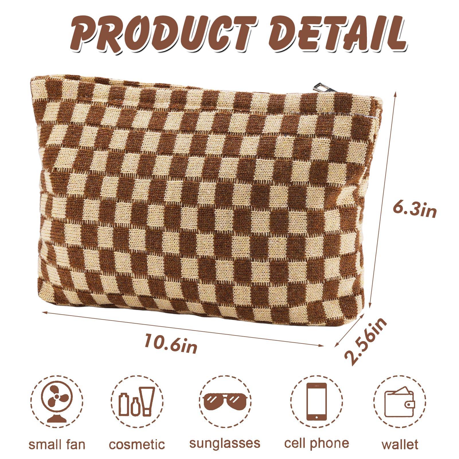 ZLFSRQ Checkered Makeup Bag for Women Large Brown Travel Cosmetic Bag Makeup Pouch for Purse Zipper Toiletry Organizer Kwaii Washable Cute Y2K Aesthetic Trendy Adults Makeup Brushes Storage Bag