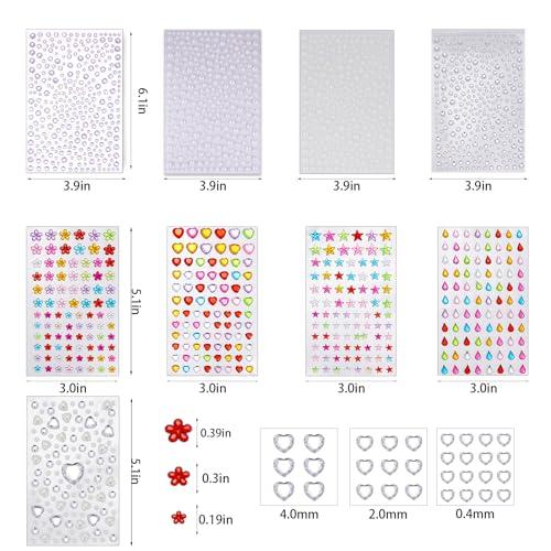 ZLSPTK 1780Pcs Rave Face Gems Stick On Eye Jewels Rhinestones Stick On Silver Face Diamonds for Makeup FestivalSmall Hair Gems for Women Girls Star Heart Flower Drop Pearl Stickers for Crafts 9 Sheets
