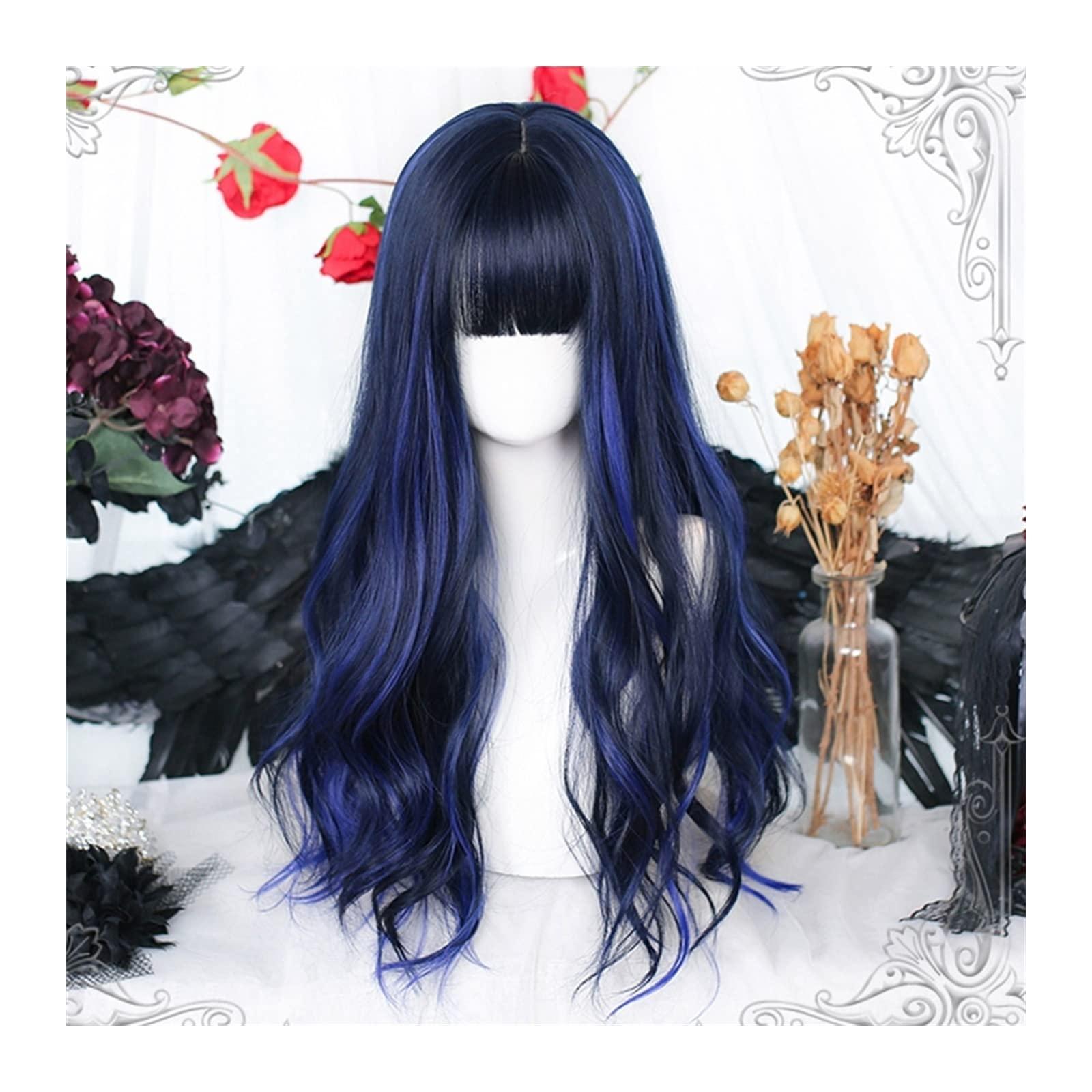 GRFIT GRFIT Wigs Black Blue Wigs with Neat Bangs for Women, Long Curly Wavy Hair Wig with Bangs Natural Synthetic Cosplay Replacement Wig Lace Wigs