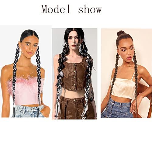QIAORUIXIN 2PCS Long Braided Ponytail Extension, Fashion style twist Butterfly Braided with Hair Tie Straight Wrap Around Hair Extensions Ponytail Natural Soft Synthetic HairPiece for Women Black Highlights grey
