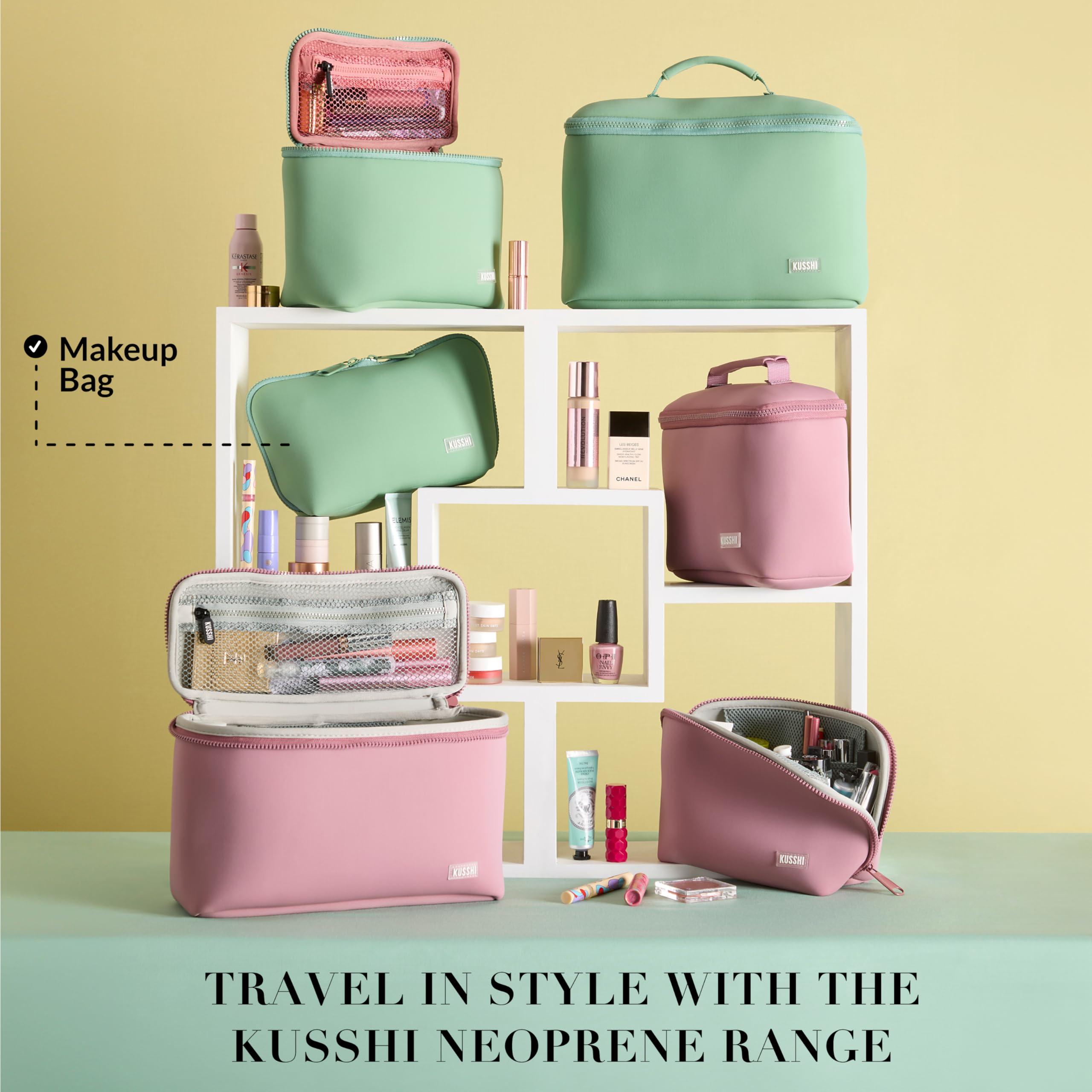 KUSSHI KUSSHI Neoprene Makeup Bag - Washable Makeup Bag for Stress Free Travel (Sage/Coral Rose)